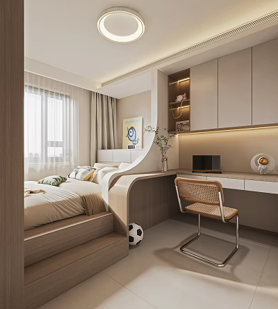 Modern Tatami Bedroom Interior With Tatami Bed Window Curtains Desk Chair Shelves And Lighting 3d model