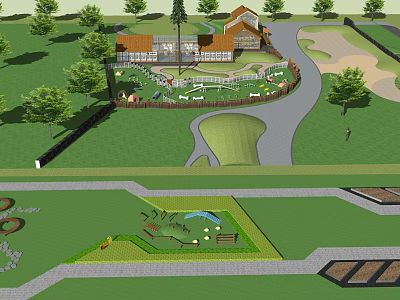 Recreational Park Area With Clubhouse Green Lawn Trees Pathways And Playground Facilities 3d model