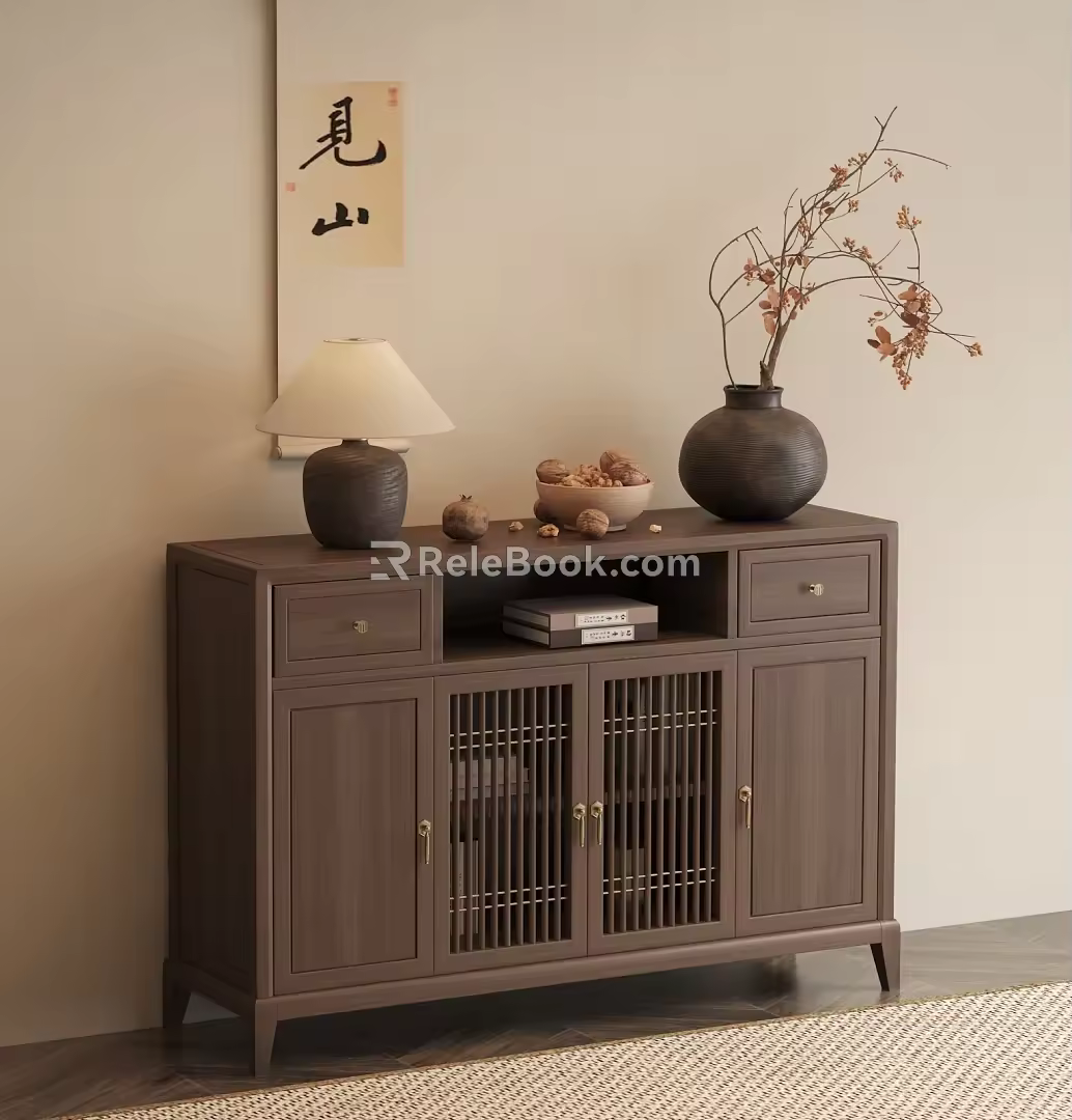 New Chinese Style Side Cabinet Hanging Painting Dried Branches Bonsai Table Lamp 3d model