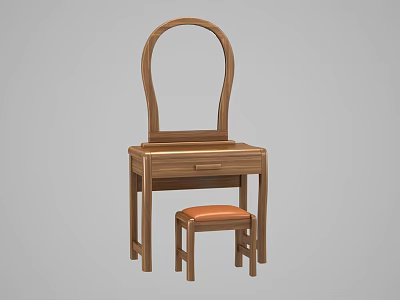 Wooden Dressing Table with Arched Mirror Drawer and Orange Cushioned Stool 3d model