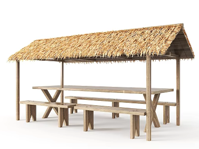 Rustic Garden Pavilion With Thatched Roof Wooden Structure And Long Tables Benches 3d model