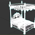 Dark Wooden Four Poster Double Bed With Carved Details Pillows And Patterned Bedspread