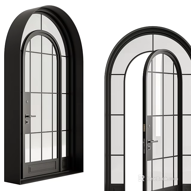 Modern Arched Sliding Doors With Black Frames And Glass Panels 3d model 