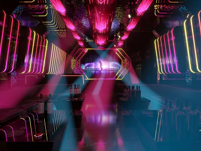 Vibrant KTV Interior With Neon Lights Stage Bar And Colorful Lighting Effects 3d model