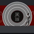 Photo Check In Spot With Red Background White Concentric Circles Black Logo And Female Model