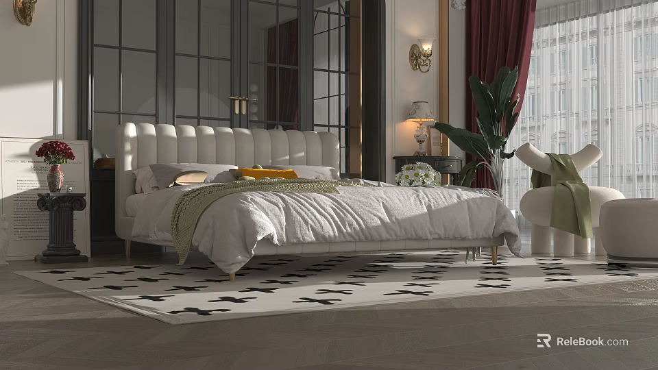 Elegant Double Bed with White Headboard Bedspread Pillows Nightstand Table Lamp and Black White Rug 3d model 