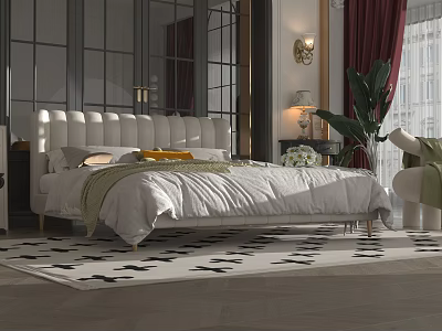 Elegant Double Bed with White Headboard Bedspread Pillows Nightstand Table Lamp and Black White Rug 3d model