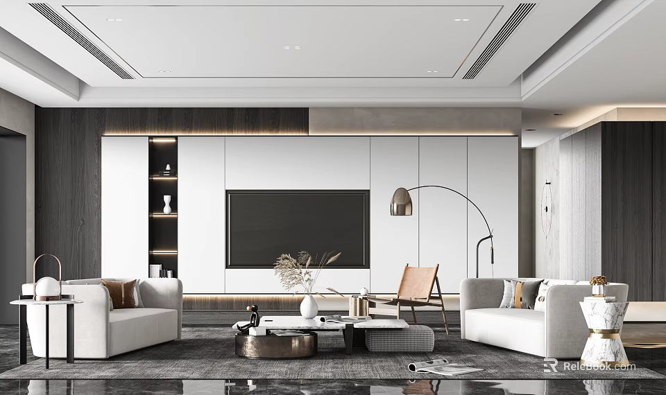 Modern White Living Room Sofa And Coffee Table Set With TV Wall Floor Lamp 3d model 