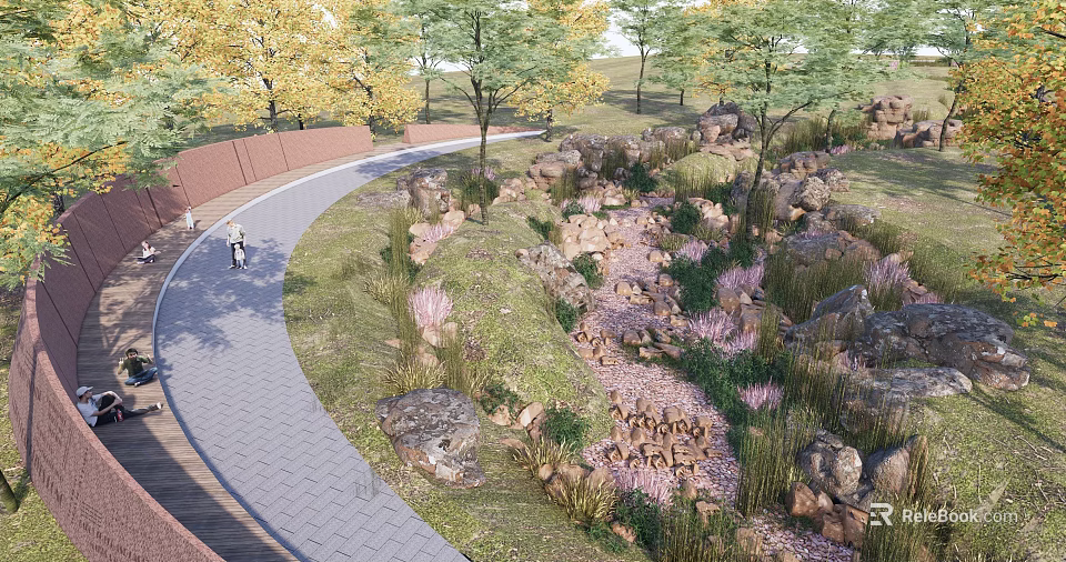 Beautiful Park Landscape Featuring Winding Path Lush Trees Natural Rocks And Colorful Flowers 3d model 