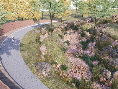Beautiful Park Landscape Featuring Winding Path Lush Trees Natural Rocks And Colorful Flowers 3d model