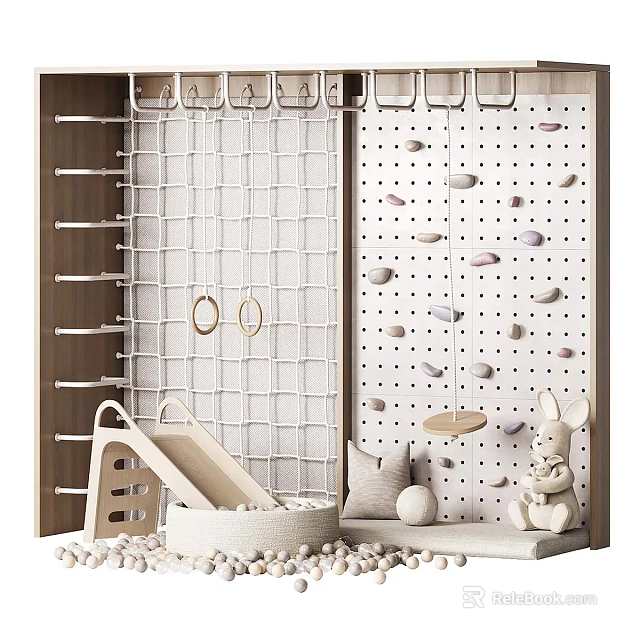 Playful Kids Room Interior With Slide Climbing Wall Wooden Shelves And Bunny Toy 3d model 