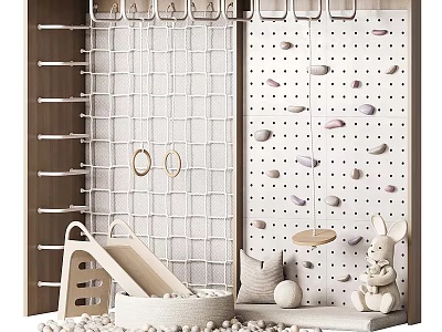 Playful Kids Room Interior With Slide Climbing Wall Wooden Shelves And Bunny Toy 3d model
