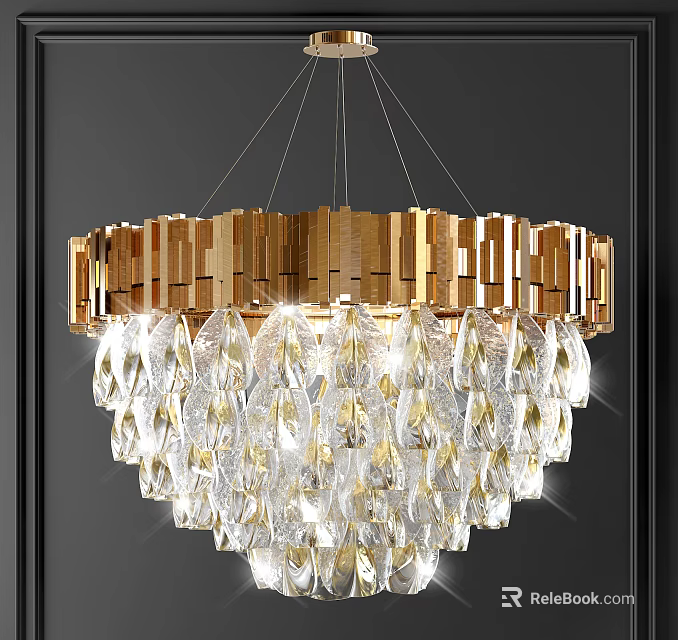Luxurious Modern Crystal Chandelier With Golden Frame And Transparent Crystal Pendants 3d model 