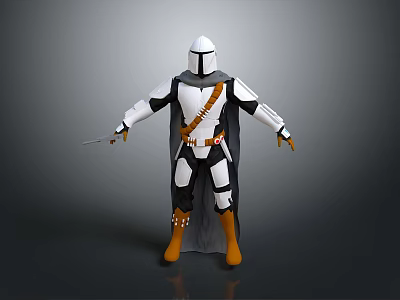 Armored Character With White Armor Black Cape Orange Belt And Boots Holding Weapon 3d model