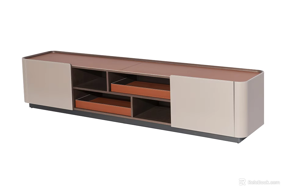 Modern TV Stand With Light Beige Body Brown Drawers And Open Storage Compartments 3d model 