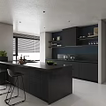 Modern Open Concept Kitchen Interior With Island Counter Cabinets And Bar Stools