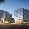 Modern Glass Office Building Exterior with Trees Pedestrians and Vehicles