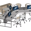 Modern Office Desk Workstation With Computer Monitors And White Swivel Chairs