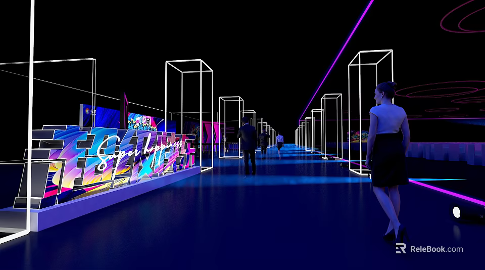 Neon Lit Corridor With Glowing Line Frames Colorful Walls And People Walking 3d model 