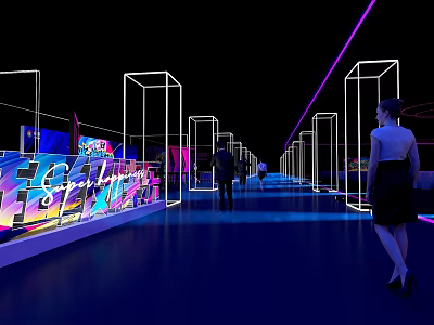 Neon Lit Corridor With Glowing Line Frames Colorful Walls And People Walking 3d model