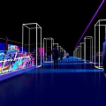 Neon Lit Corridor With Glowing Line Frames Colorful Walls And People Walking