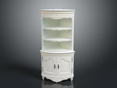 White Ornate Corner Cabinet Featuring Multiple Shelves Cabinet Doors And Carved Small Feet 3d model