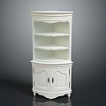 White Ornate Corner Cabinet Featuring Multiple Shelves Cabinet Doors And Carved Small Feet