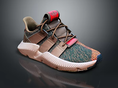 Comfortable Sports Sneakers With Green Mesh Upper Brown Leather Straps Red Accents And Textured Sole 3d model