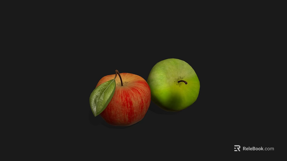 Fresh Red and Green Apples with Leaf on Black Background 3d model 