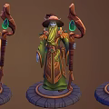 Wizard Characters With Green Robes Pointed Hats Magic Staffs And Glowing Gems On Stone Bases
