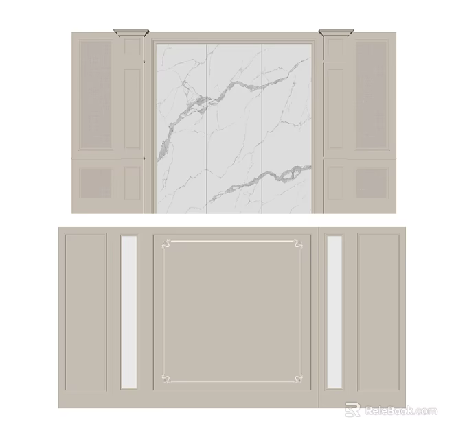 Beige Sofa Backdrop Wall Design With Marble Texture And Decorative Panels 3d model