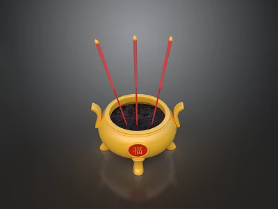 Yellow Ceramic Vessel With Red Incense Sticks And Fu Character Design 3d model