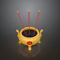 Yellow Ceramic Vessel With Red Incense Sticks And Fu Character Design