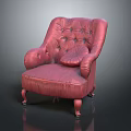 Elegant Red Leather Armchair With Tufted Upholstery Curved Arms And Wooden Legs