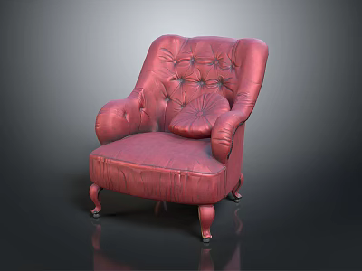 Elegant Red Leather Armchair With Tufted Upholstery Curved Arms And Wooden Legs 3d model