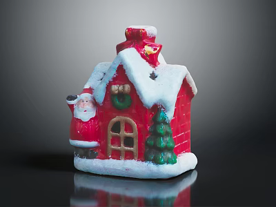 Red Christmas House Decoration With Snow Covered Roof Green Wreath Santa Claus And Tree 3d model