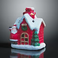 Red Christmas House Decoration With Snow Covered Roof Green Wreath Santa Claus And Tree