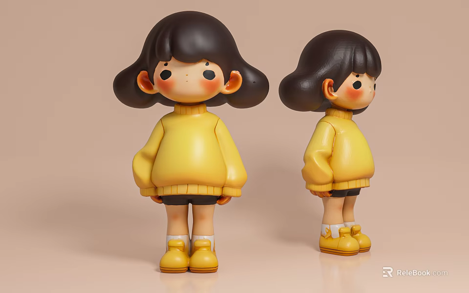 Cartoon Game Movie Character with Black Short Hair Yellow Sweater and Two Angles Doll Figure 3d model 