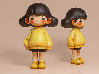 Cartoon Game Movie Character with Black Short Hair Yellow Sweater and Two Angles Doll Figure 3d model
