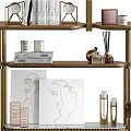 Decorative Ornaments Set on Modern Wooden Shelves with Plates Books Vases Lamp and Paintings