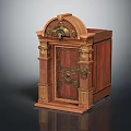 Antique Wooden Cabinet With Intricate Carvings Gold Accents And Metal Lock