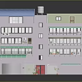 Multi Story Building With Blue Green Roofs Balconies Roll Up Doors And Red Door