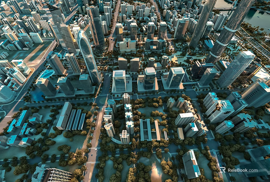 Birds Eye View Modern Urban Planning With Skyscrapers Roads And Green Areas 3d model 