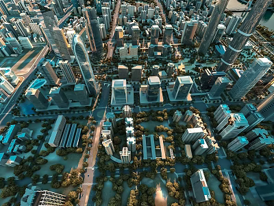 Birds Eye View Modern Urban Planning With Skyscrapers Roads And Green Areas 3d model