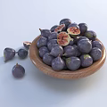 Fresh Purple Figs in Wooden Bowl with Halved Ones and Seeds on White Background