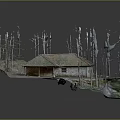 Modern Model Scene Featuring Cottage With Red Tile Roof Bare Trees Stone Wall And Path