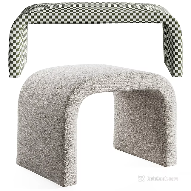 Modern Light Gray Arched Stool With Upholstered Fabric And Checkered Side Cushions 3d model 