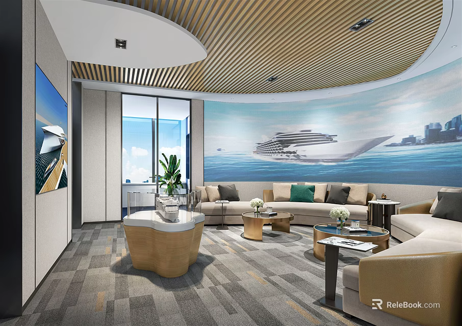 Modern Conference Room With Sofas Coffee Tables Plants Large Ship Mural And Wooden Ceiling 3d model 