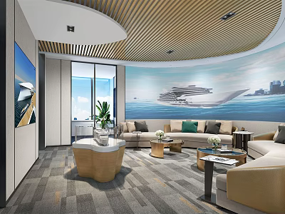 Modern Conference Room With Sofas Coffee Tables Plants Large Ship Mural And Wooden Ceiling 3d model