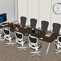 Modern Office Wooden Conference Table With Grey Wheeled Chairs Computer Monitor And Wall Clock